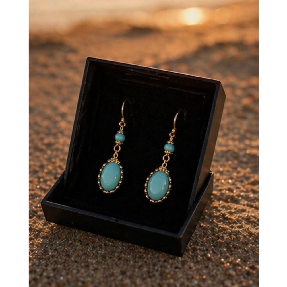 Handmade Turquoise Drop Earrings Gold Tone Coastal Chic Boho